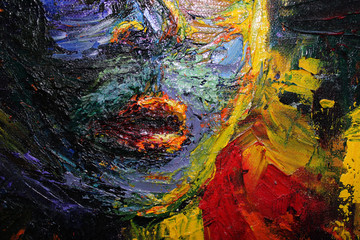 Bright background. Abstract oil paint strokes and female chin and lips. Сombination of warm and cold colors.