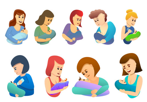 Breastfeeding icons set. Cartoon set of breastfeeding vector icons for web design