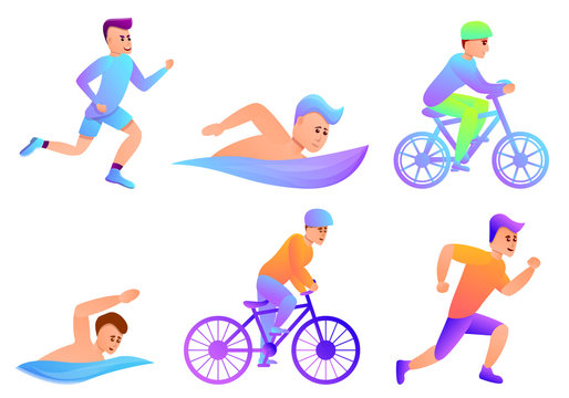 Triathlon icons set. Cartoon set of triathlon vector icons for web design