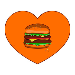 Hamburger inside the heart. The concept of food. Illustration.