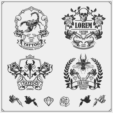 Vector set of tattoo salon labels, badges and design elements. Tattoo studio emblems with professional equipment, scorpion, beetle and skull. Print design for t-shirt.