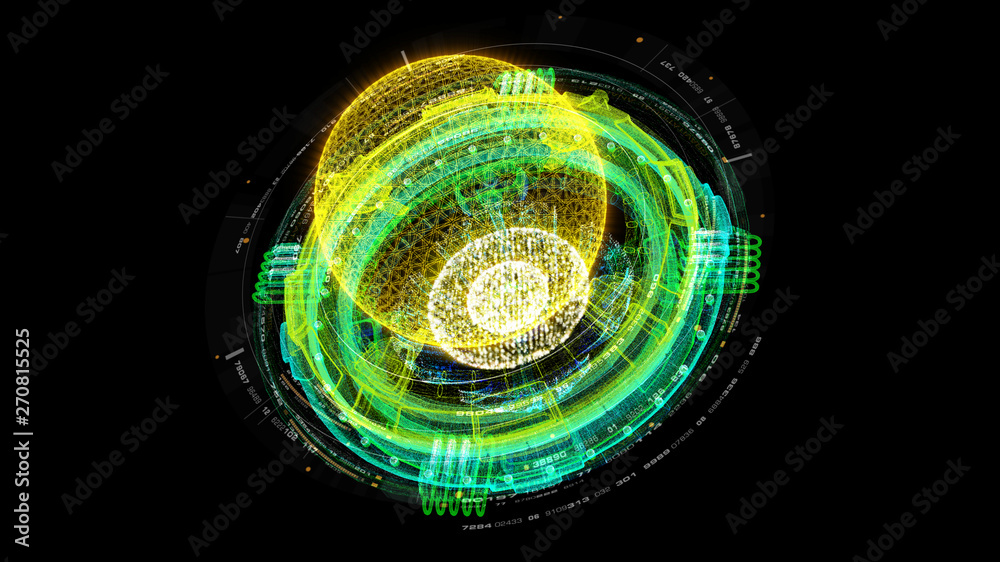 Aufkleber Futuristic graphic user interface head up display screen with digital holographic Nuclear Fusion energy simulator 3D illustration for digital background