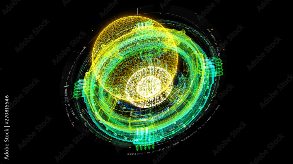 Aufkleber Futuristic graphic user interface head up display screen with digital holographic Nuclear Fusion energy simulator 3D illustration for digital background