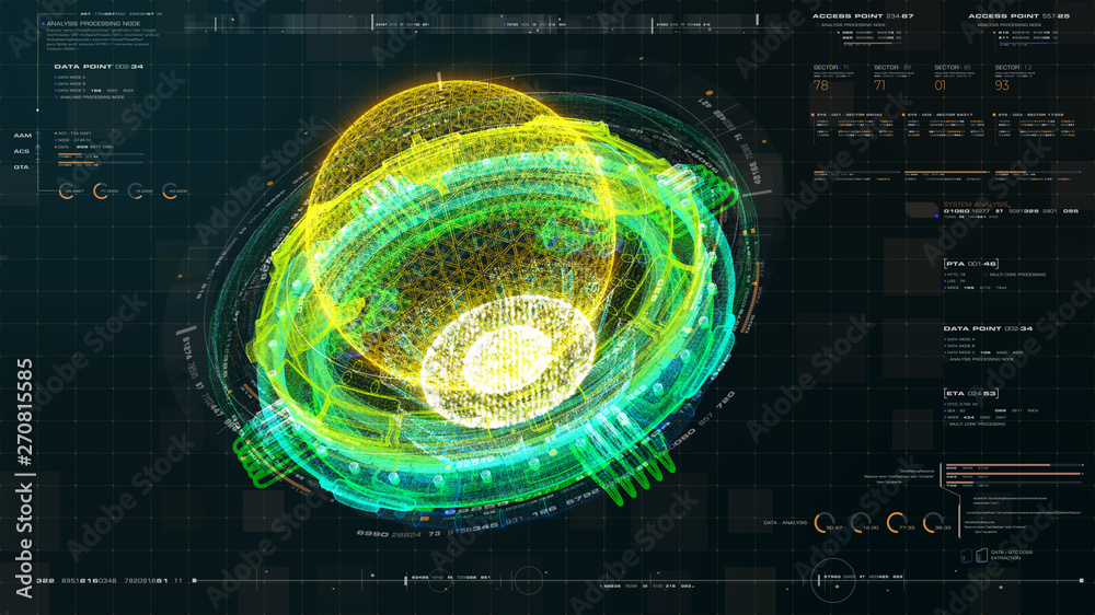 Leinwandbilder Futuristic graphic user interface head up display screen with digital holographic Nuclear Fusion energy simulator 3D illustration for digital background