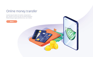 Online money transfer from wallet to smartphone in isometric vector illustration. Capital flow, earning or making money.