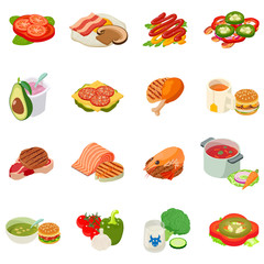 Lunchtime icons set. Isometric set of 16 lunchtime vector icons for web isolated on white background