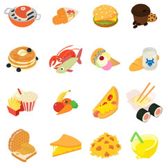 Variety of food icons set. Isometric set of 16 variety of food vector icons for web isolated on white background