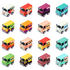 Food delivery icons set. Isometric set of 16 food delivery vector icons for web isolated on white background