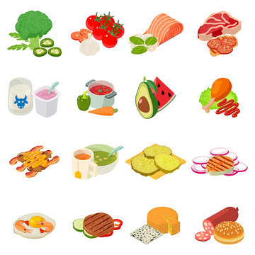 Second breakfast icons set. Isometric set of 16 second breakfast vector icons for web isolated on white background