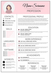 Fototapeta premium Resume template for women. Modern CV layout with infographic. Minimalist curriculum vitae design. Employment vector illustration.