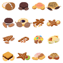 Nut cookie icons set. Isometric set of 16 nut cookie vector icons for web isolated on white background