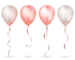 Flying glossy white and pink shiny realistic 3D helium balloons with gold ribbon and glitter sparkles, perfect decoration for birthday party brochures, invitation card or baby shower