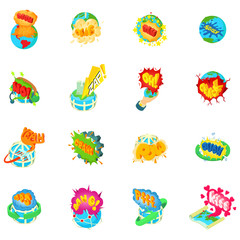 Obraz premium Troubled earth icons set. Isometric set of 16 troubled earth vector icons for web isolated on white background