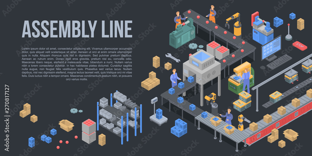 Poster assembly line factory concept background. isometric illustration of assembly line factory vector con