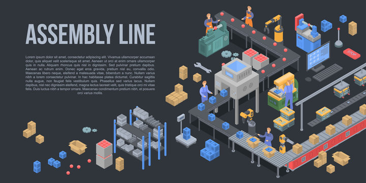 Assembly line factory concept background. Isometric illustration of assembly line factory vector concept background for web design