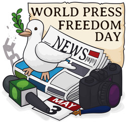 Cute Dove over Journalist's Elements for World Press Freedom Day, Vector Illustration