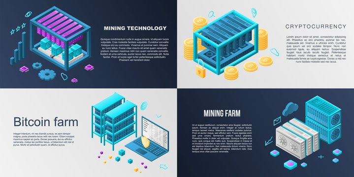 Mining farm banner set. Isometric set of mining farm vector banner for web design