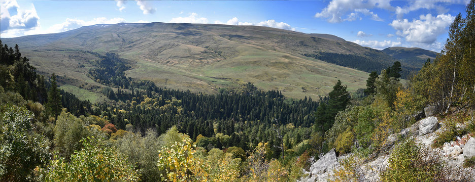 Autumn landscape of Adygea - panorama of the plateau LagoNaki from a bird's eye view in green tones