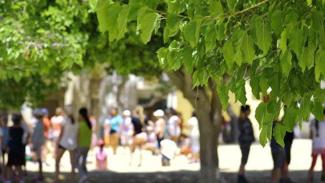 The small Spanish island Tabarca. Children play in the village square. In the foreground, green leaves sharp and in the background the children with soft bokeh.