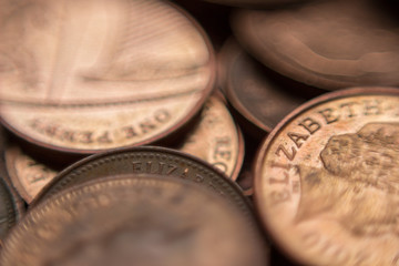 Pile of British 1 pence coins