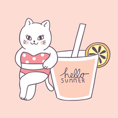 Cartoon cute summer sexy cat and drink vector.