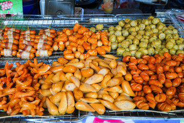 Variety of sausage snack at Chatuchak Market, Bangkok, Thailand