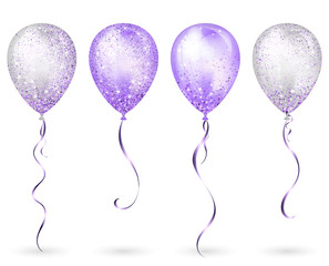 Flying glossy white and purple shiny realistic 3D helium balloons with gold ribbon and glitter sparkles, perfect decoration for birthday party brochures, invitation card or baby shower