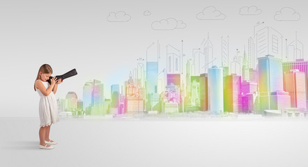 Cute little girl looking through spyglass to a big city
