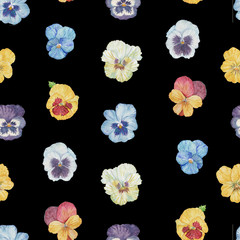 Seamless pattern with watercolor pansy on black background. Hand drawn illustration. 