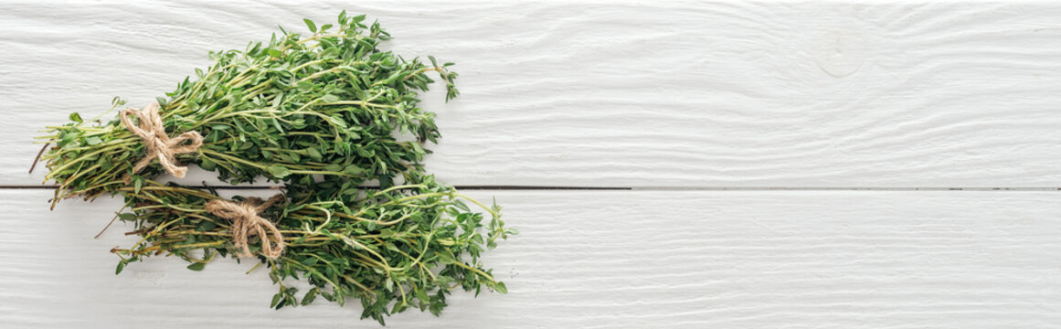 Top View Of Fresh Green Thyme On White Wooden Table, Panoramic Shot