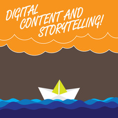 Handwriting text Digital Content And Storytelling. Concept meaning Marketing advertising optimization strategy Wave Heavy Clouds and Paper Boat Seascape Scene photo Blank Copy Space