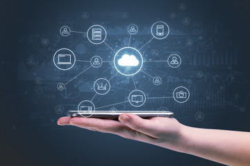 Businessman working on phone with reports and graphs concept around
