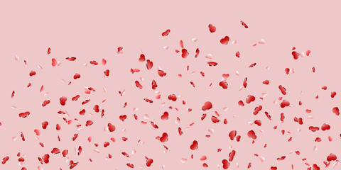 Heart falling confetti isolated pink background. Red fall hearts. Valentine day decoration. Love element design, hearts-shape confetti invitation wedding card, romantic holiday. Vector illustration