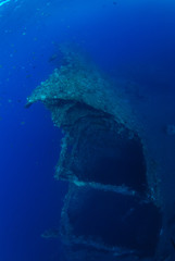 Libety wreck, underwater world, artificial reef. Clear blue sea. Tulamben, Bali, Indonesia. 