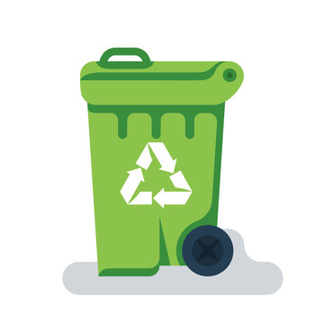 Dumpster icon. Trash can flat design. Green container with recycle icon. Vector illustration cartoon style. Isolated on white background. Eco mark. 