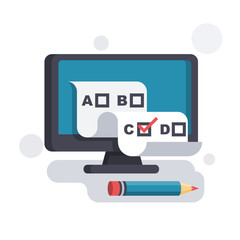 Online test. Checklist and pencil on a computer monitor. Online form survey. On-line questionnaire. Choosing answer. Web learning. Vector illustration flat design. Isolated on white background.
