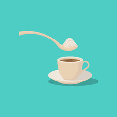 Sugar in coffee. Spoon with powdered sugar over a cup of hot coffee. Vector illustration flat design. Isolated on background. Cartoon style. Invigorating drink.