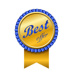 Best offer award ribbon icon. Gold blue sign isolated white background. Golden badge choice reward. Symbol win celebration. Decoration medal success advantage, competition quality. Vector illustration