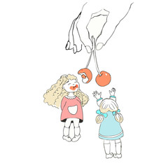 cute little girls eating cherry, sweet tooth, post card