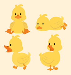 Cute yellow ducks cartoon set