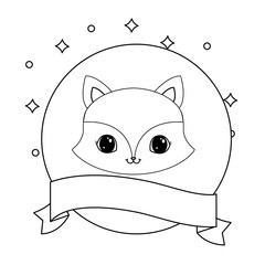 head of cute fox in frame circular with ribbon