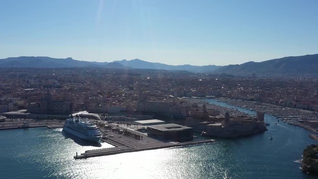 Marseille giant ferry Vieux Port Mucem museum aerial shot sunny day blue sky Farnce