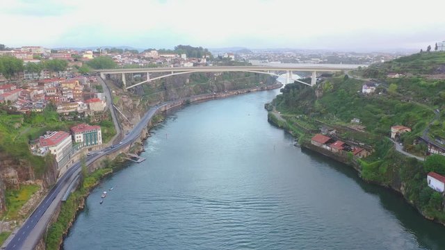 Aerial Morning Flying Toward Transport Bridge In Porto, Portugal