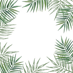 Naklejka na ściany i meble Frame with palms leaves. Watercolor illustration.