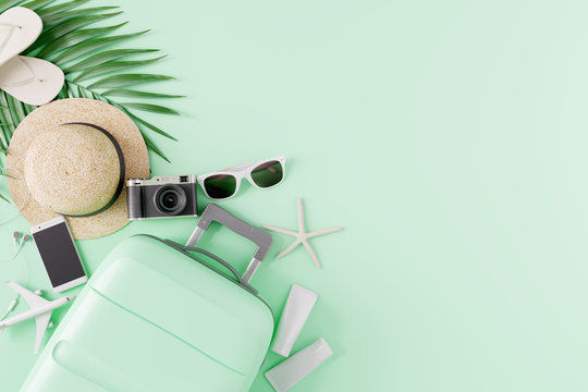 Flat lay Green suitcase with traveler accessories on green background. travel concept. 3d rendering