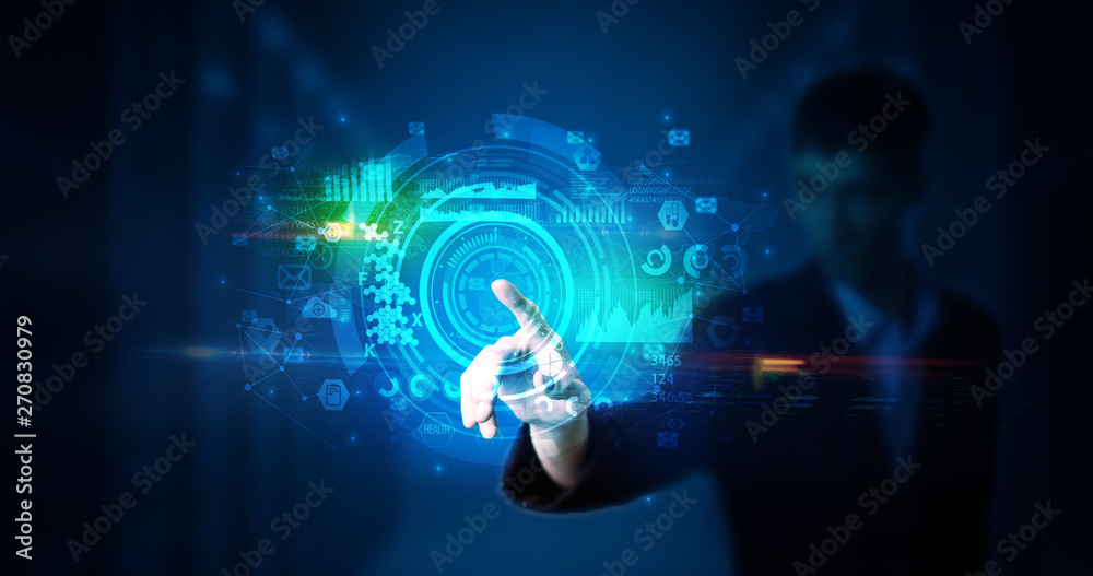 Poster man touching hologram screen displaying medical symbols and charts