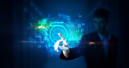 Man touching hologram screen displaying medical symbols and charts
