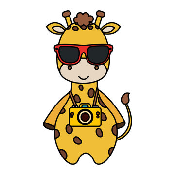 cute giraffe with summer sunglasses and photographic camera