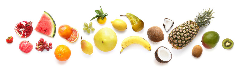 Fruits isolated on white background, top view. Creative composition of tropical fruits, flat layout.