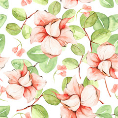 Watercolor seamless pattern of tropical orchids. Tropical illustration perfect for summer design, projects, school supplies and textile.